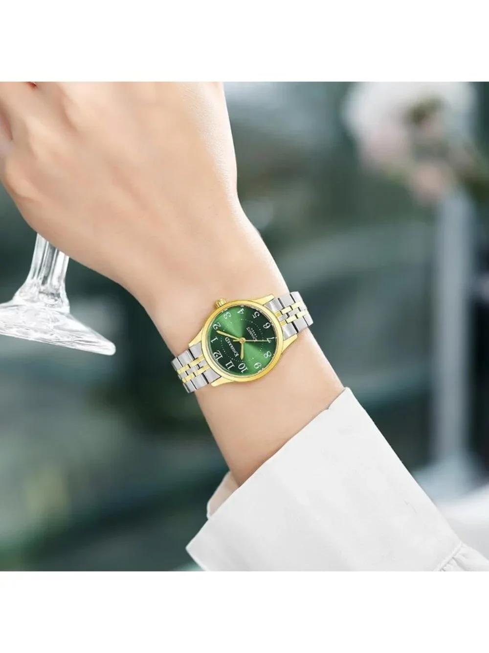 Women's Silver Green Solid Stainless Steel Band Easy to Read Dial Wrist Watch